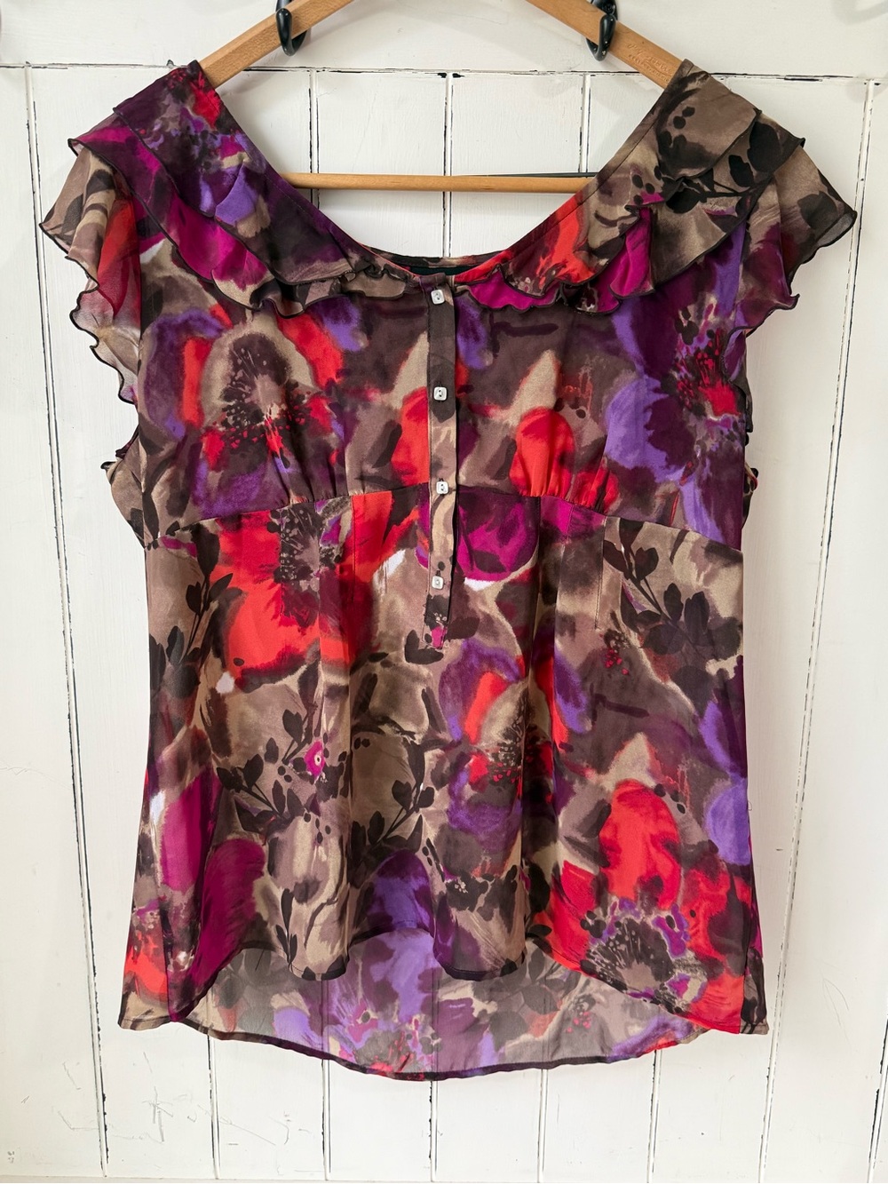 Ana Vintage Y2K Whimsigoth Ruffle Blouse Purple Floral XL